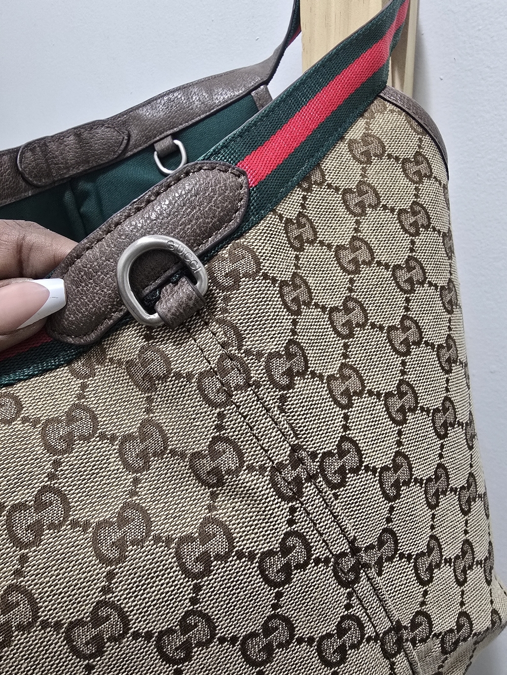 Canvas Cotton Supreme GIG Small Tote w/ Green/Red Stripe Brown LeatherTrim/strap - Picture 10 of 16